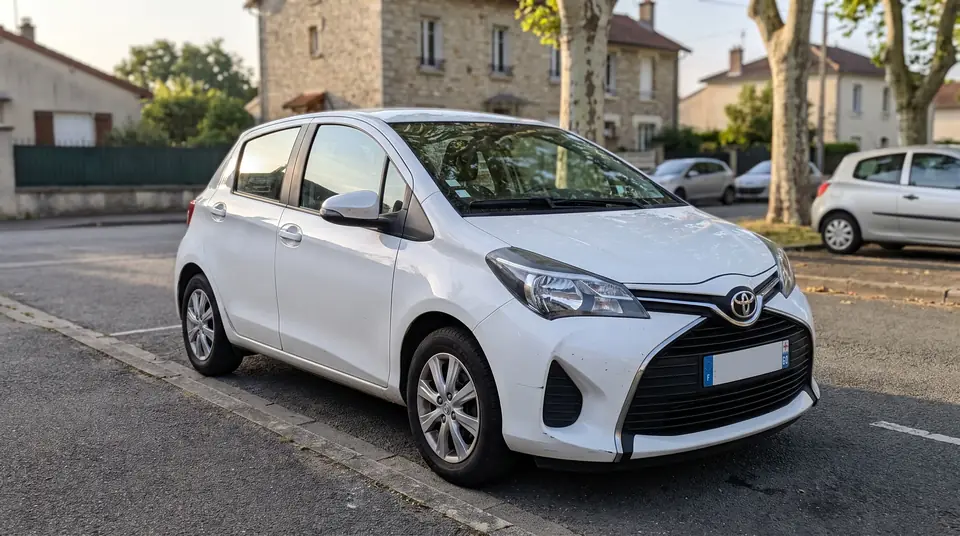 Toyota Yaris III blanche garée le long d'un trottoir